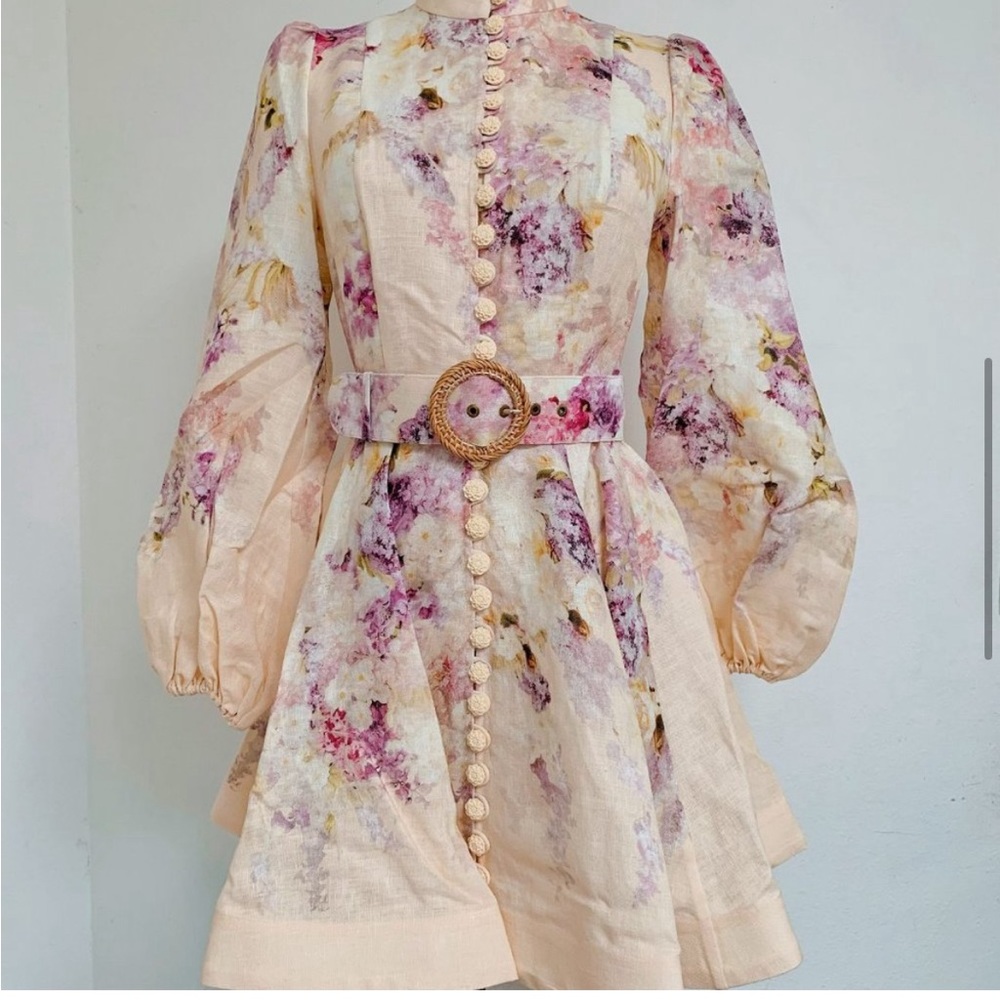 NWT $850 Zimmermann Lyrical Buttoned Floral Linen Mini Dress size 2
